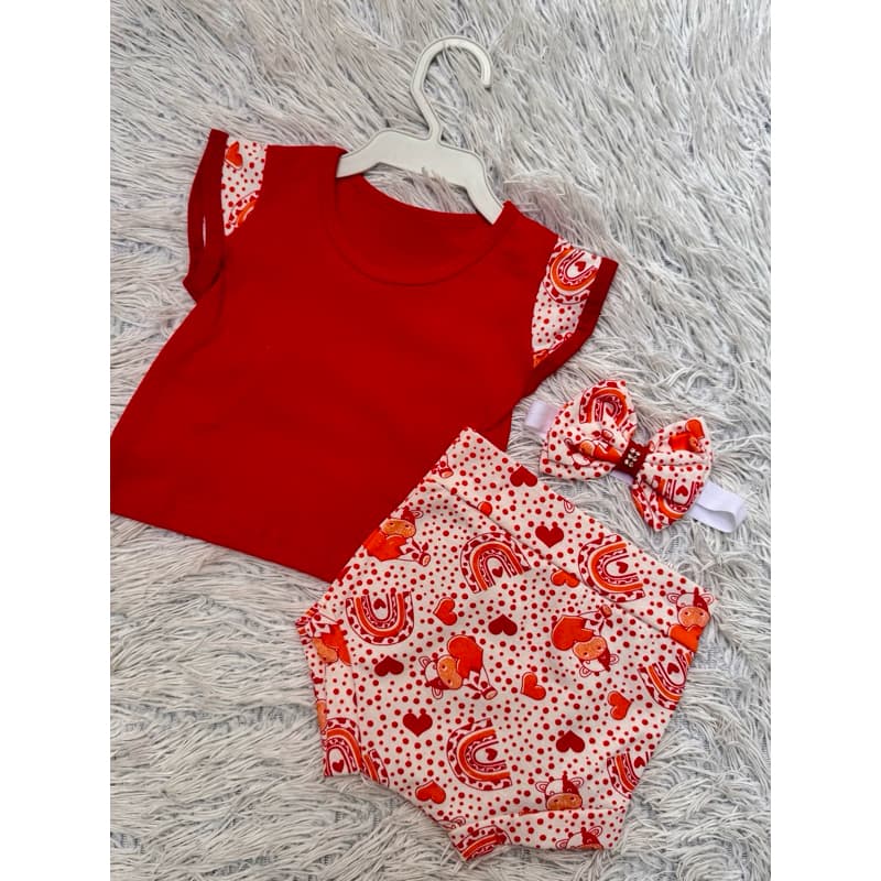 Conjunto Bebê Menina 3 Peças, Camiseta/Short/Laço