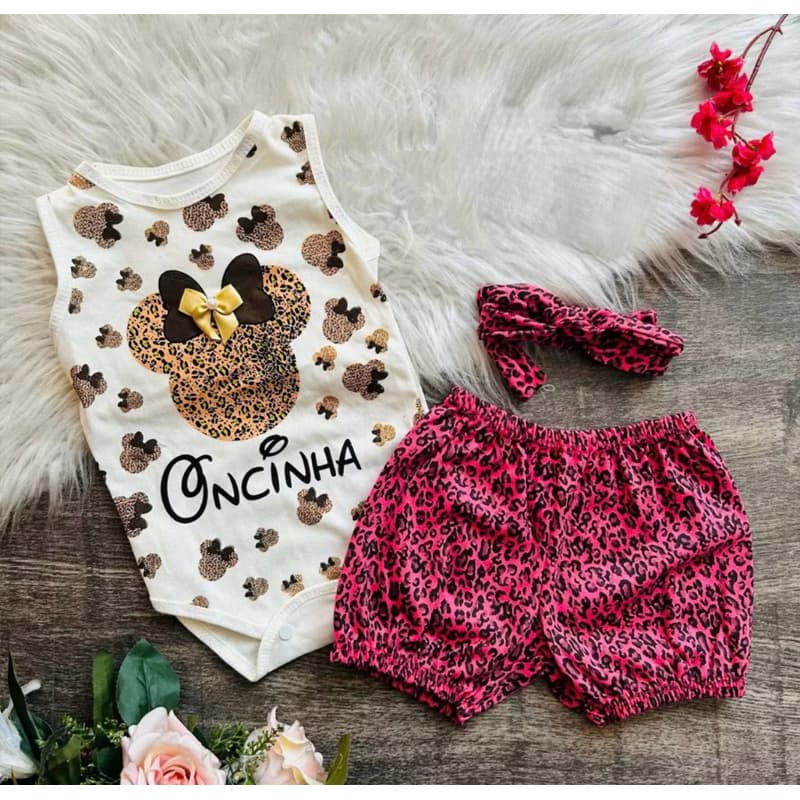 Conjunto bebê menina onçinha rosa Contém Body/ Shorts