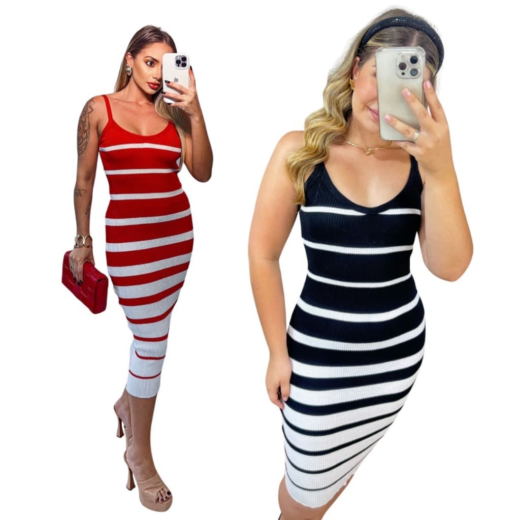 Kit 2 Vestidos Mídi Femininos Tricô Canelado Listrado Decote V Alcinha   36 ao 42 Lupinacci Tricot