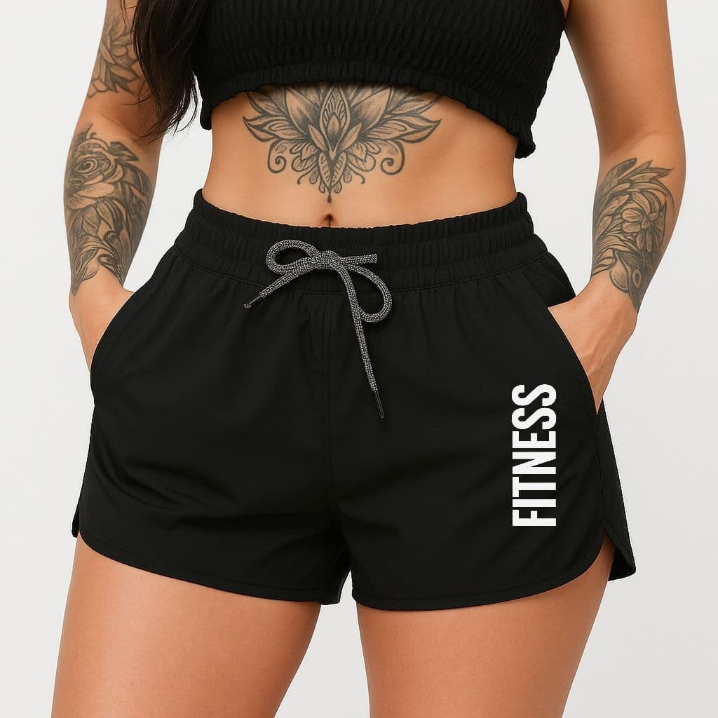 Shorts Feminino Básico Com Elástico Cordão Ajustável e Bolsos Uso Casual Treino Academia Praia Preto