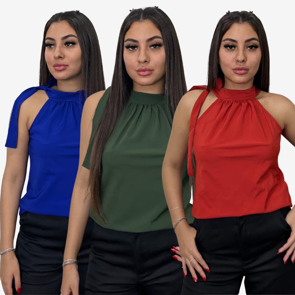Kit 3 Regata Feminina Gola Alta Franzida Laço Plissada