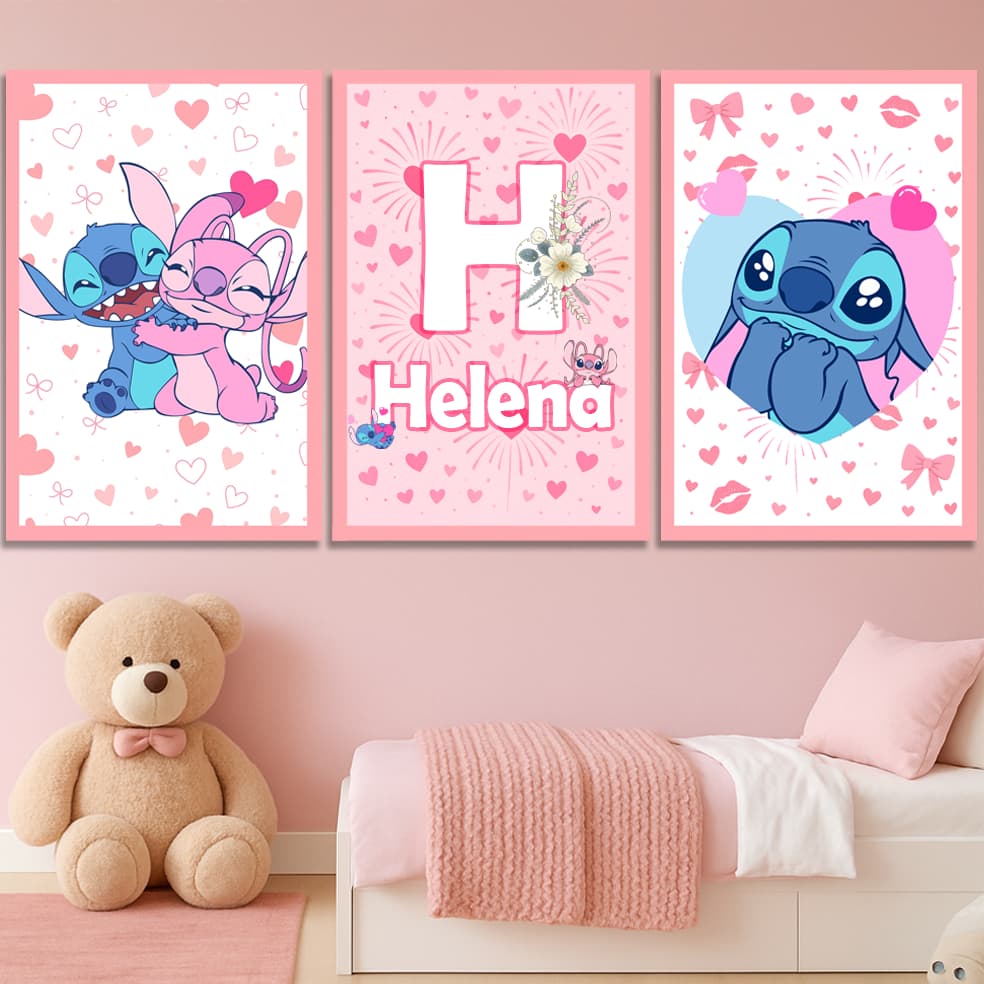Quadro Decorativo Lilo e Stitch e Angel Infantil Criança Com Nome Personalizado