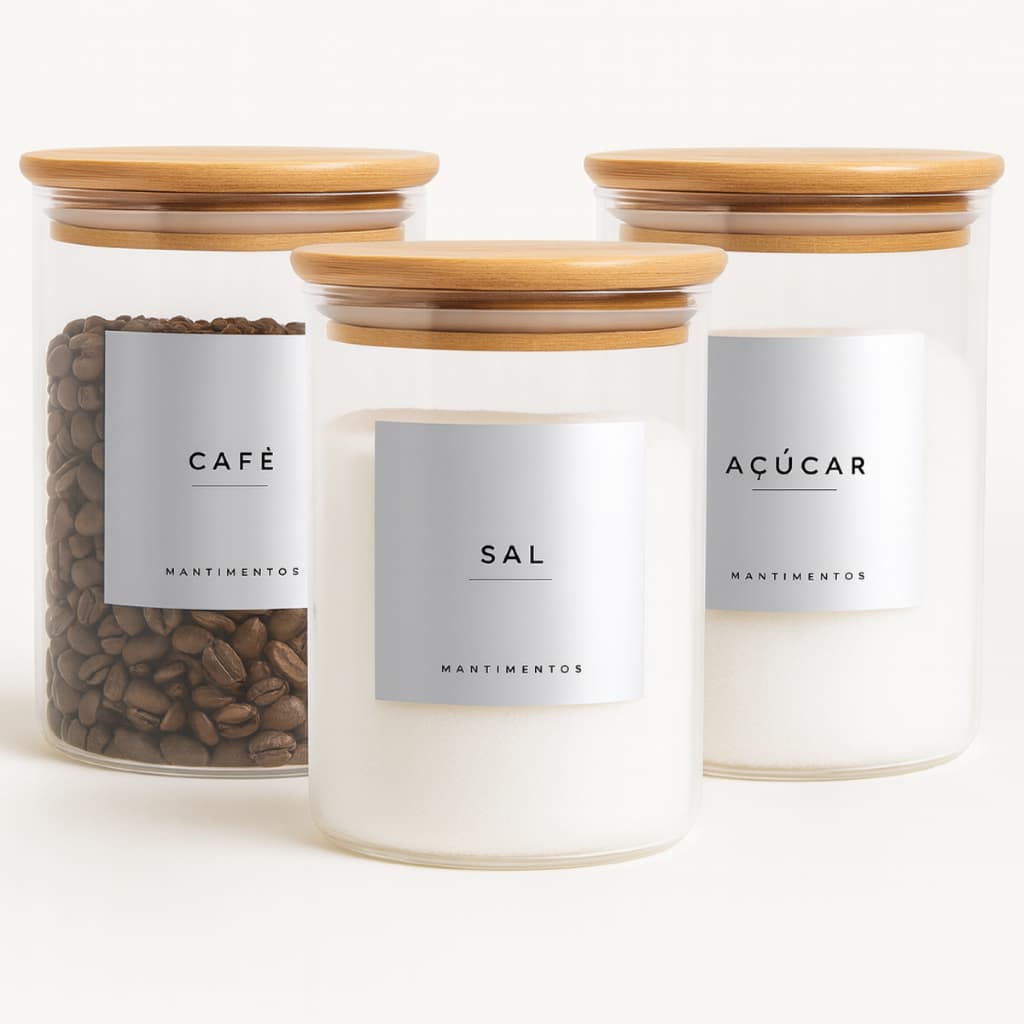 Conjunto 3 Potes Herméticos Luxo De Vidro Café Açúcar E Sal Cantinho do Café ETIQUETA BRANCA