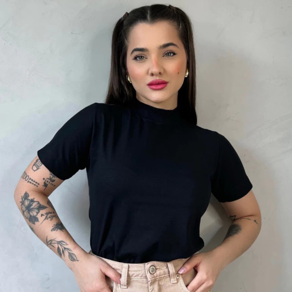 BLUSA GOLA ALTA FEMININA 100% ALGODÃO MANGA CURTA ESTILOSA