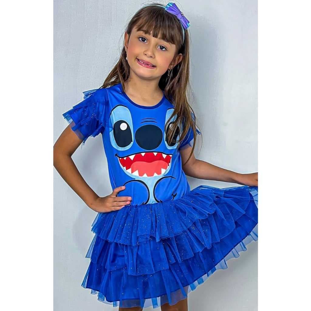 Fantasia Infantil Vestido Stitch Azul com Rosto