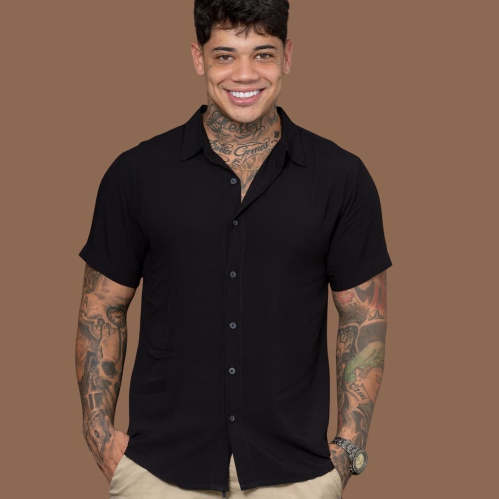 Camisa Social Masculina Slim Basica Manga Curta Lisa Barata