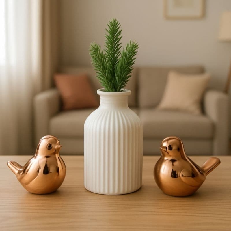 Kit Decoração com Vaso + 2 Passarinhos de Cerâmica | Enfeite para Sala, Quarto e Mesa