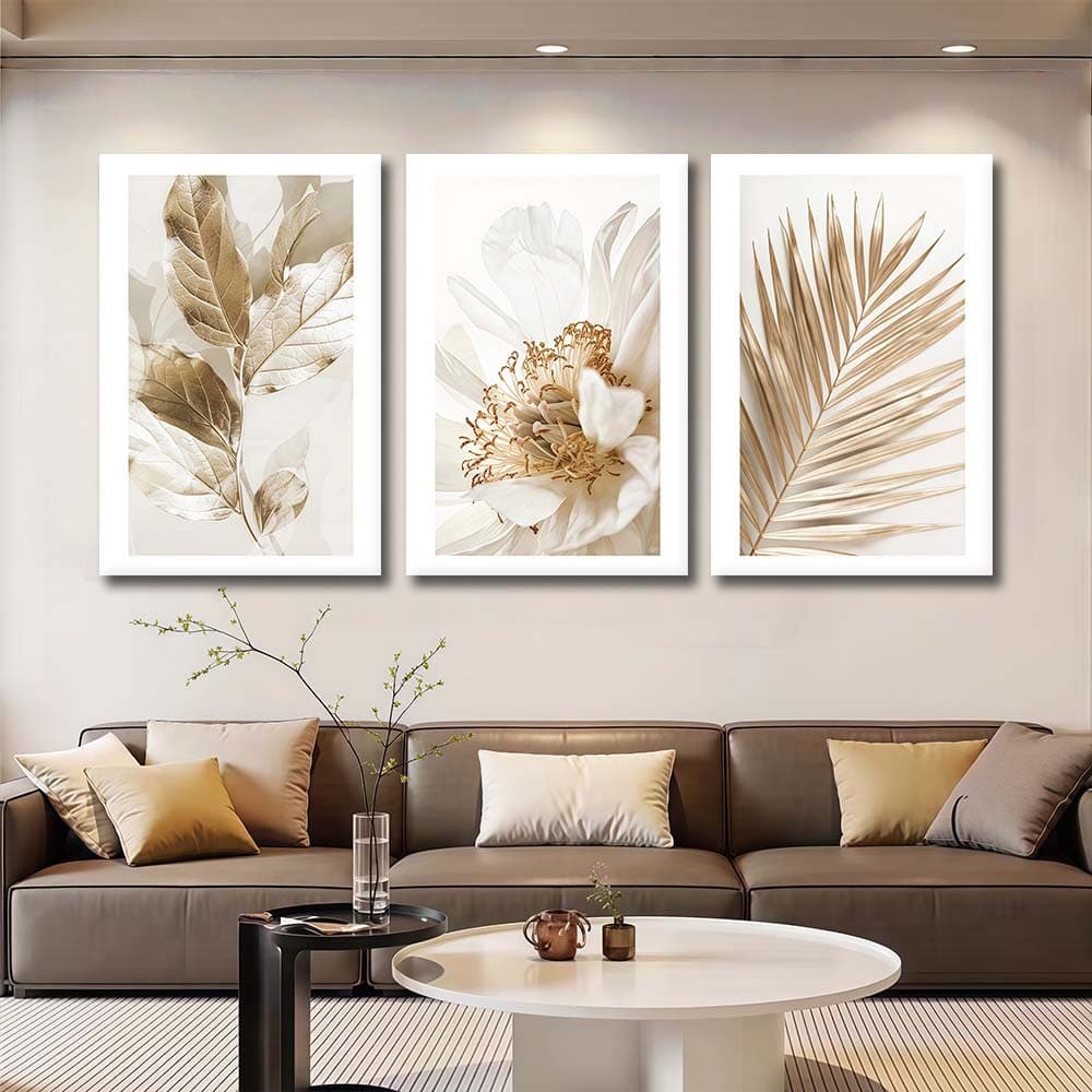 Kit 3 Quadros Para Sala Decoracao Quadro Tríptico 120x60 Moderno Luxo Dourado Flores Folhas