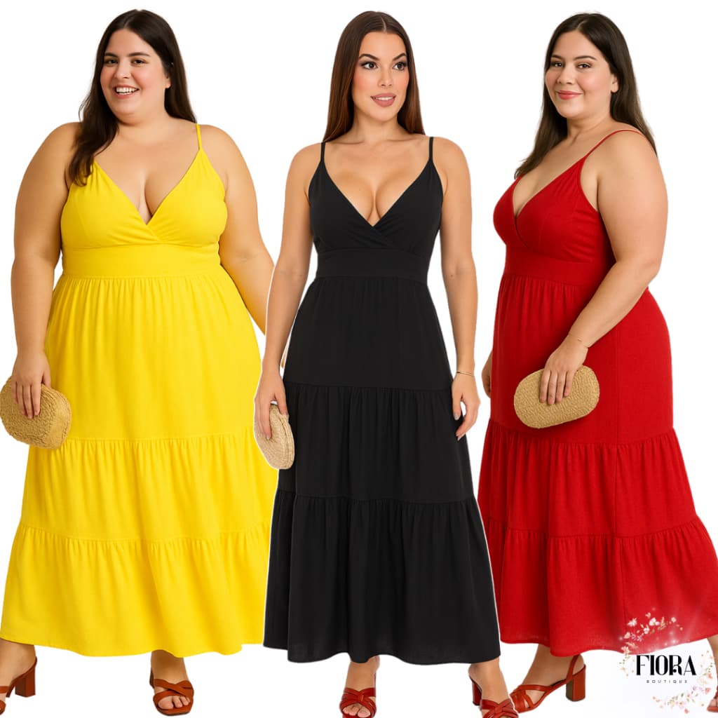 Vestido Longo Feminino Adulto do 36 ao 54 Plus Size Duna Com Bojo Decotado e Elastico Festa Verão