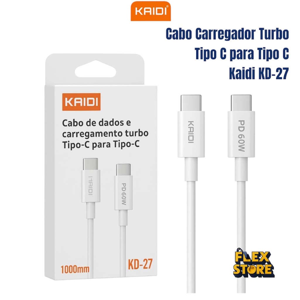 Cabo Carregador Tipo C para Tipo C Kaidi KD-27 60W Turbo Carregamento Rápido 1m
