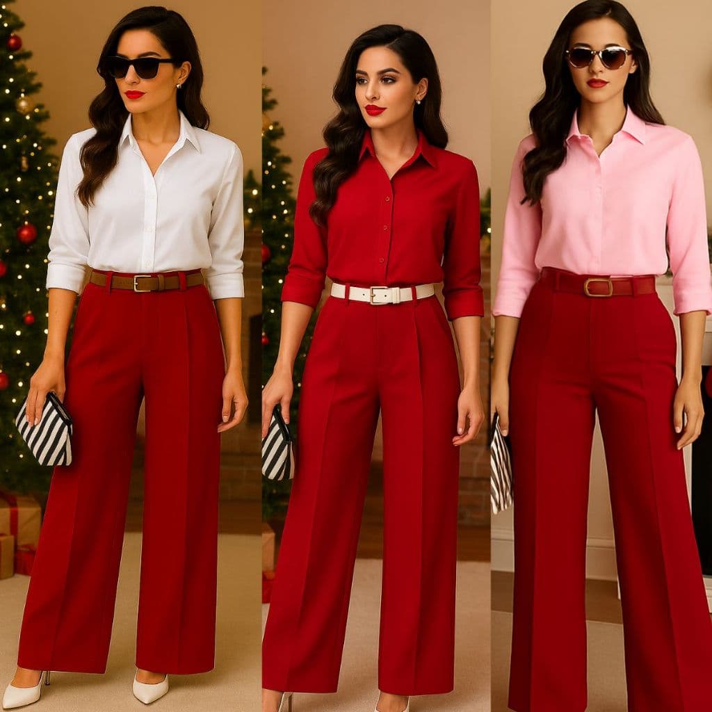 Conjunto alfaiataria: calça pantalona vermelha + camisa social — Look de Natal elegante