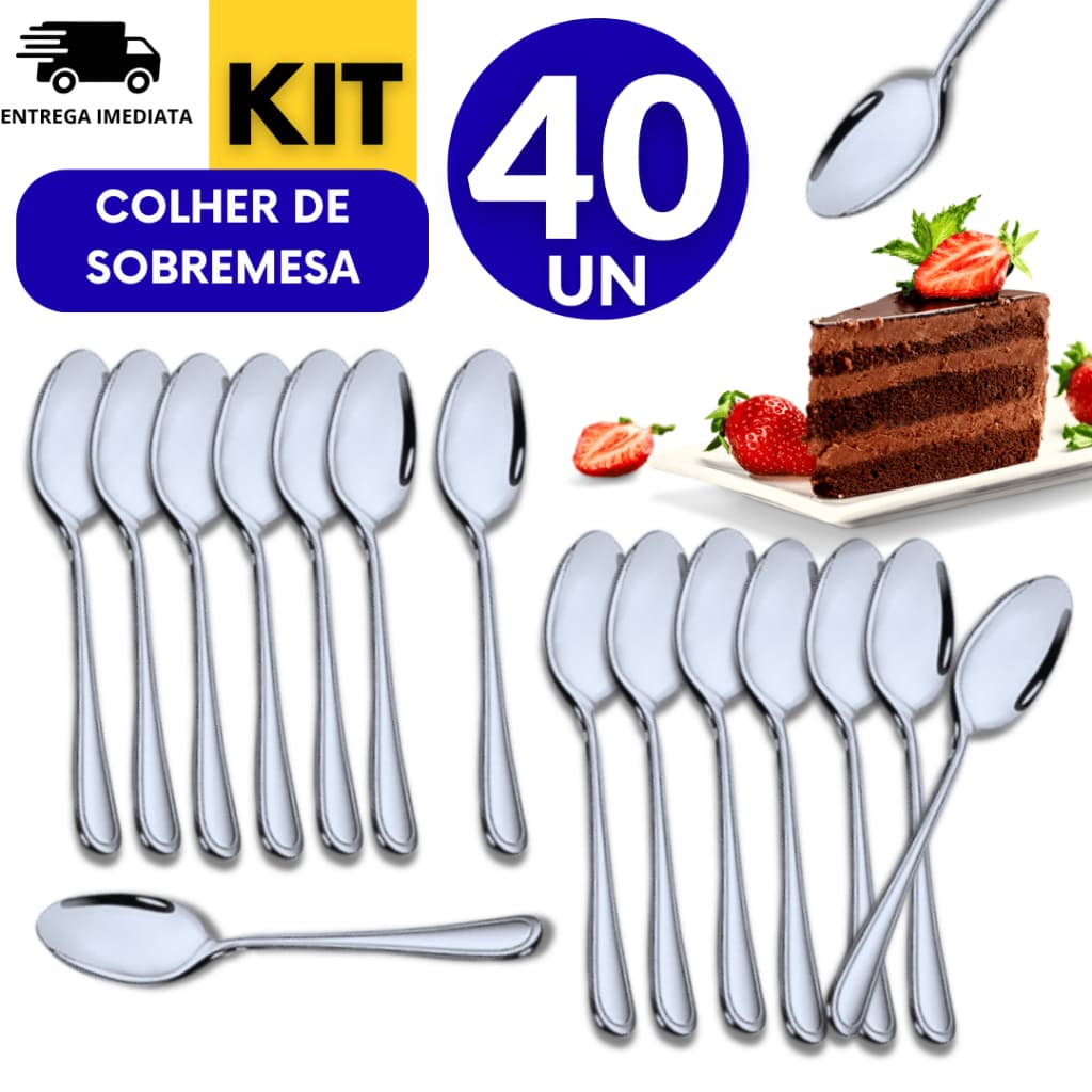 Jogo 40 Colheres de Sobremesa Inox Doce Ovo de Colher Cafeteria Pizzaria Confeitaria Variáveis Utilidades Multiuso