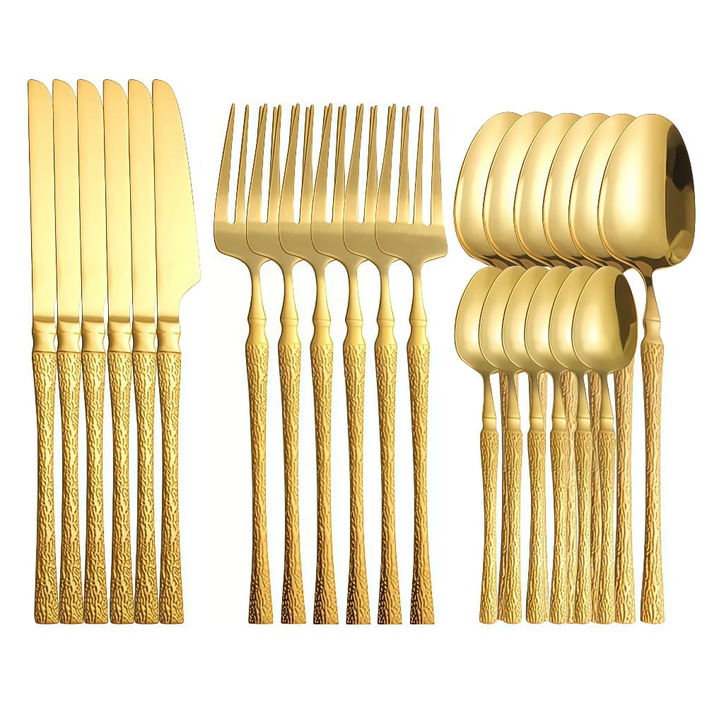 Kit 24 Jogo De Talheres Aço Inoxidável Cintura Fina Textura Dourado