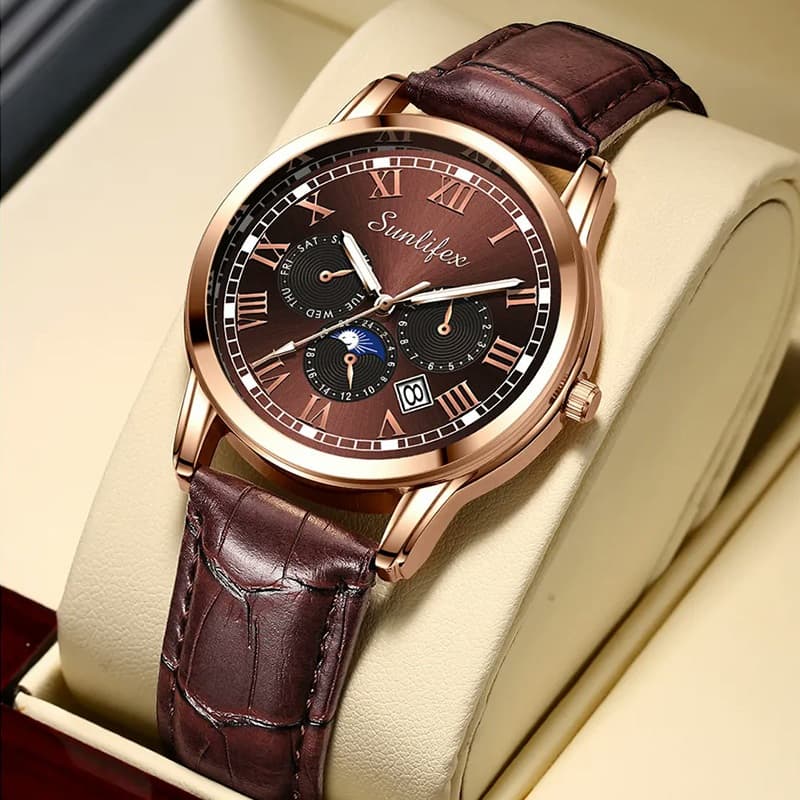 Relógio Masculino Sunlifex 7003 Executivo de Luxo  Pulseira de Couro, Quartzo e à Prova D'água  Mostrador Luminoso