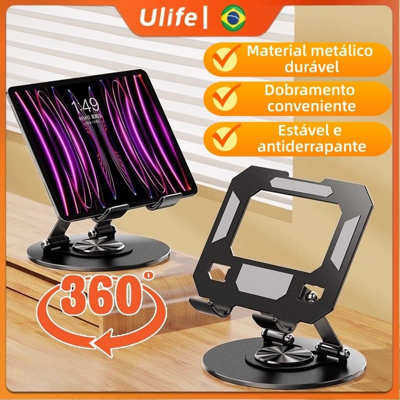 Suporte Alumínio de Mesa Base Rotatória Ajustável Dobrável 360º Para Tablets