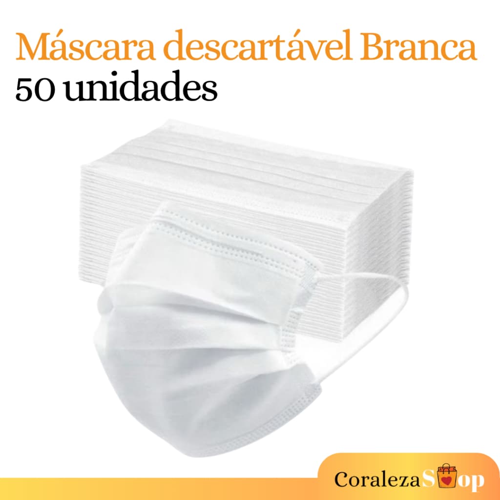 50 Máscara Branca Descartável Tripla Camada C/ Clipe Nasal