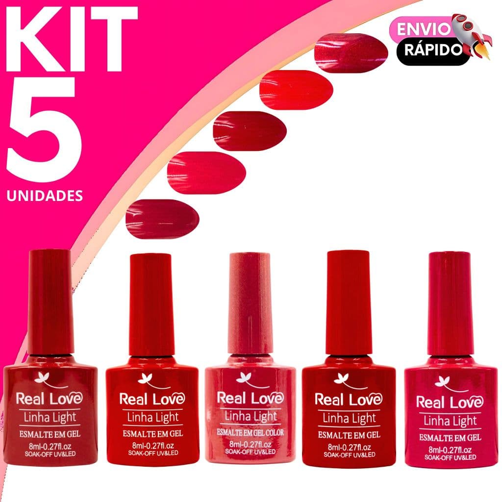Kit Esmalte em Gel Real Love Light Color Tons de Vermelho - Secagem Rápida Unhas Nail Designer