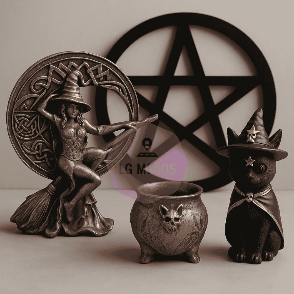 Kit Decoração Wicca Gato Preto Bruxa Pentagrama Incensário Estátua Decorativa Altar Bruxaria