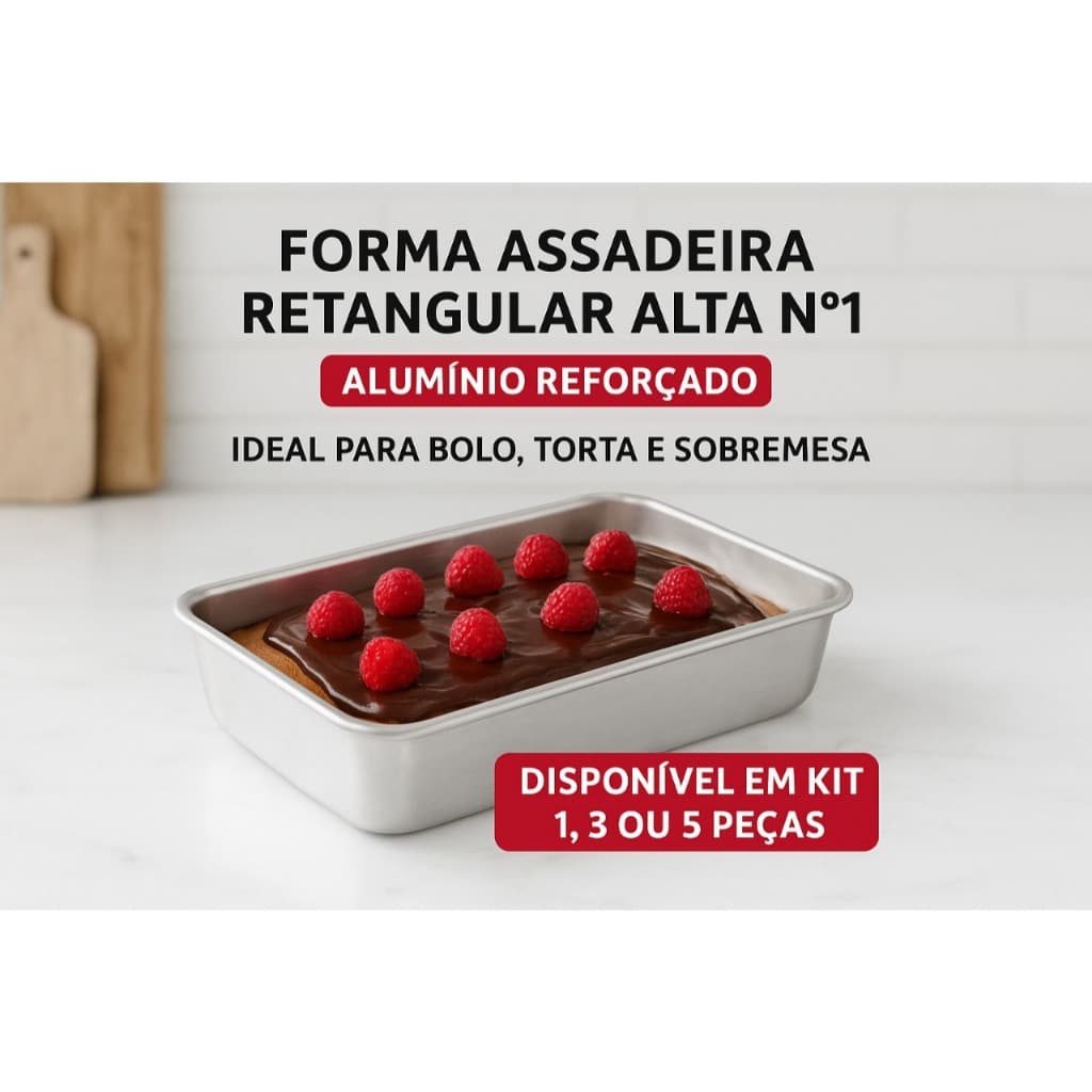 Forma Assadeira Retangular Alta Nº1 em Alumínio – Bolo, Torta e Sobremesa (1, 3 ou 5 Peças)
