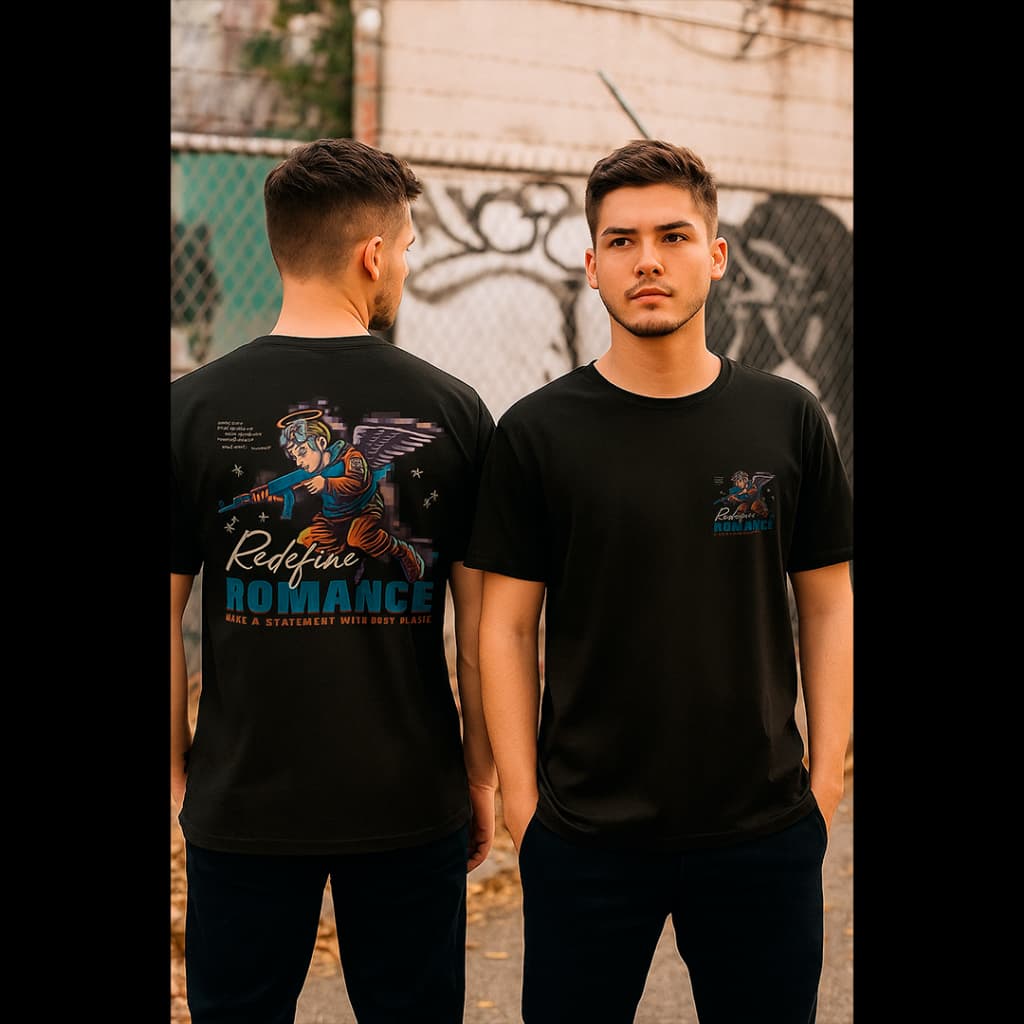 Camiseta Streetwear Preta Angel Romance Estampada Unissex Algodão 30.1 Tendencia Moda 2025