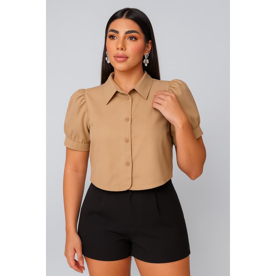 Blusa Camisa Cropped Social Manga Bufante com Botões Feminina Verão casual elegante