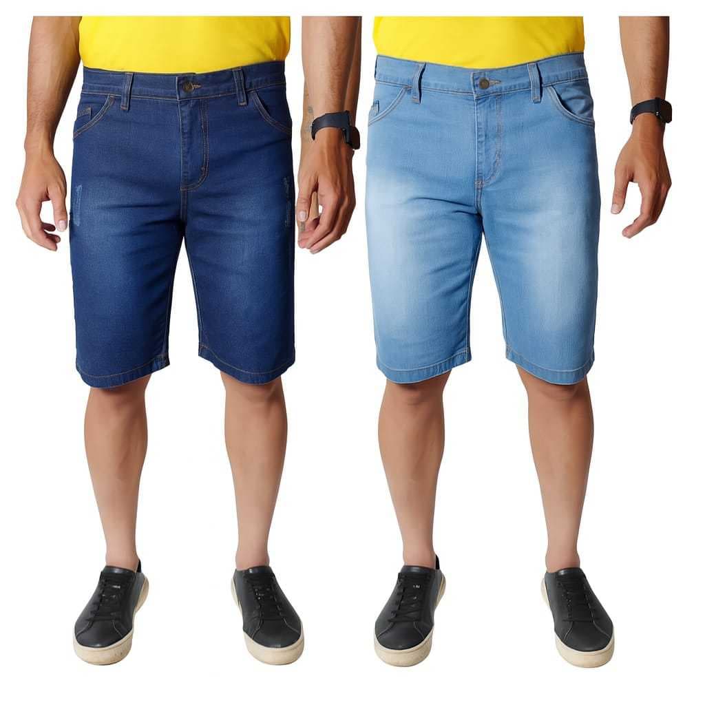 Kit 2 Bermuda Jeans Masculina Lycra Elastano Premium Shorts Cor Preto Escuro Médio Claro