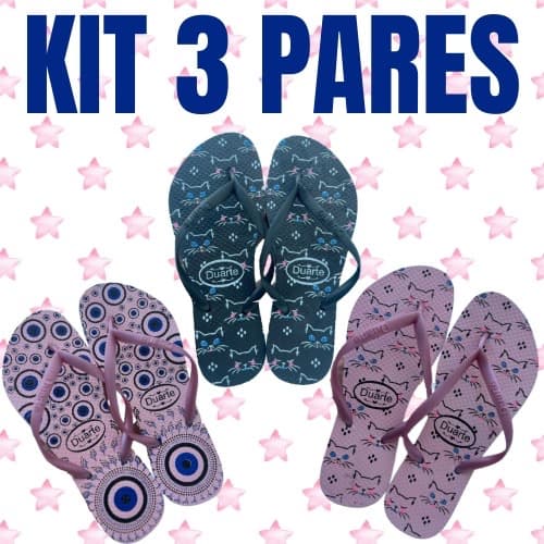 Kit 3 pares chinelo de dedo feminino estampas sortidas