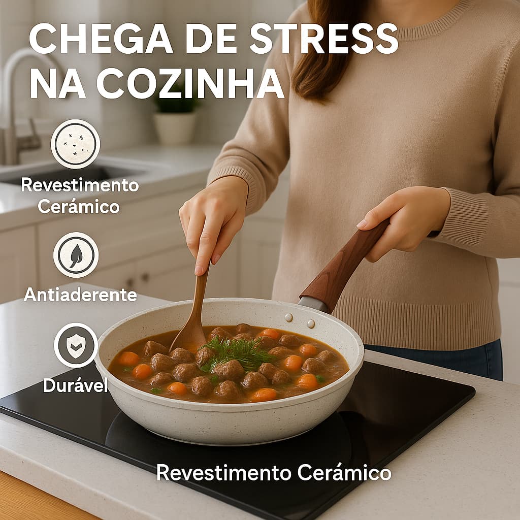 Frigideira 24cm Revestimento Cerâmico Marmorizado 1,5L Cinza ou Bege Fogão Gás Indução Elétrico