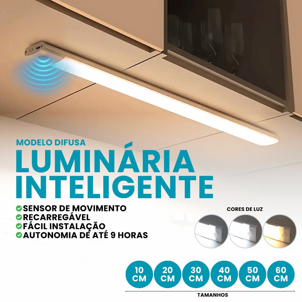 Kit Luminária Led Barra Difusa Usb Recarregável Sensor Presença Luz 3 Cores Cozinha/Quarto