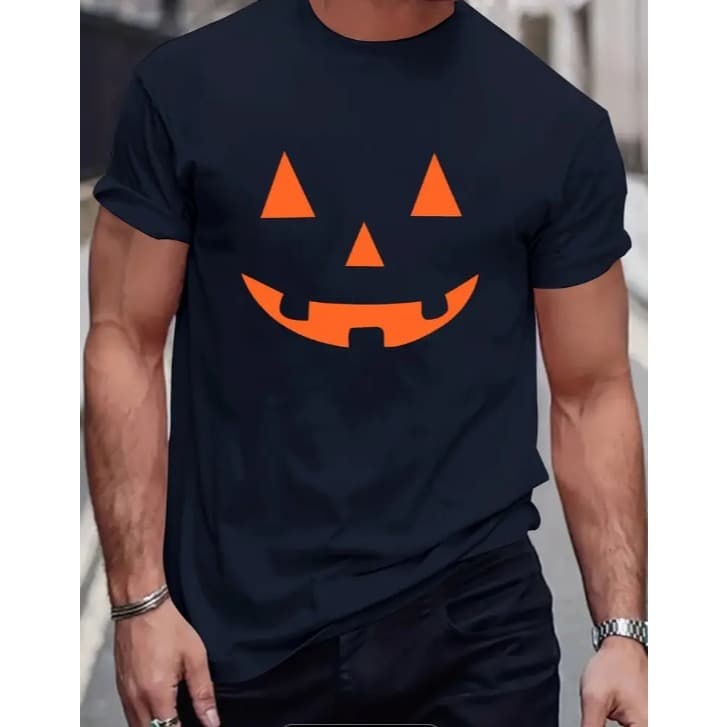 Camisa Masculina Festa Halloween Rosto do Medo Abobora Noite do Terror Camiseta Manga Curta Gola Redonda Primavera Verão