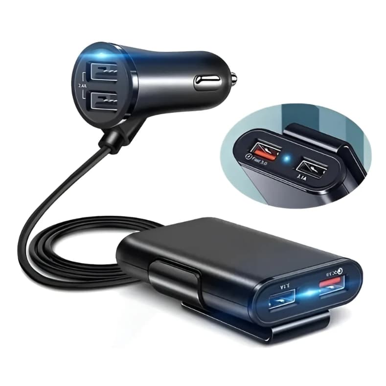 Carregador veicular automotivo 4x portas USB carregamento rápido extensão 1.8M 36W 8A