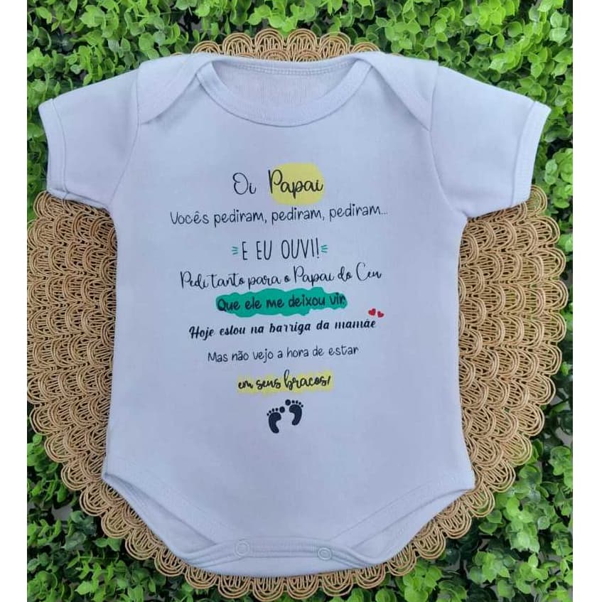 Body Infantil Manga Curta Branco Temático Bebê Frase Revelação Gravidez 100% Suedine