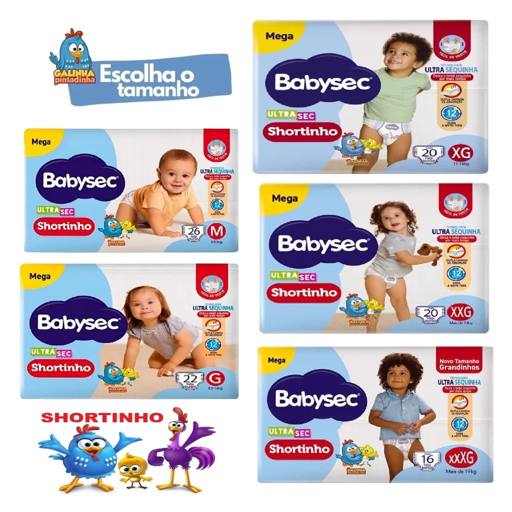 1, 2 ou 3 Fralda Babysec Ultrasec Mega Vários Tamanhos Galinha Pintadinha