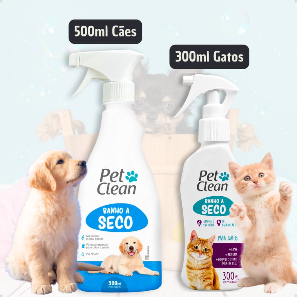 Shampoo Banho a Seco Cachorro 500ml ou Gato 300ml Líquido Spray Pet Shop Sem Enxágue Pet Clean