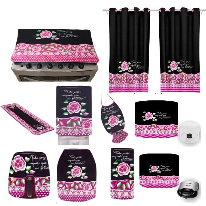Capas Decoração Cozinha Com Detalhes Preto com Rosa Pink Contra Pó Para Eletrodomésticos