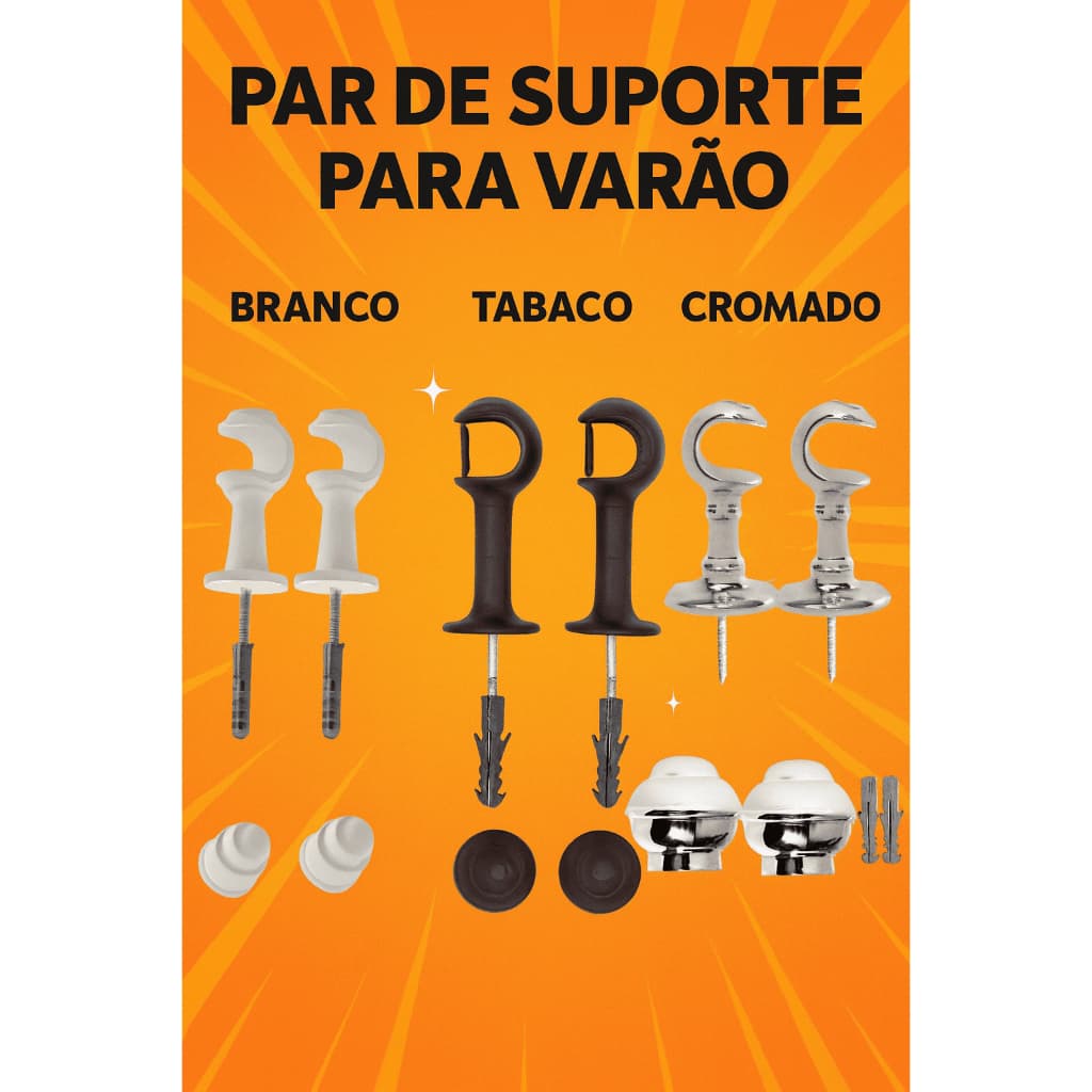 Kit Par de Suportes para Parede Cortina Para Varão Pvc Completo Cromado Branco ou Tabaco 28mm/19mm