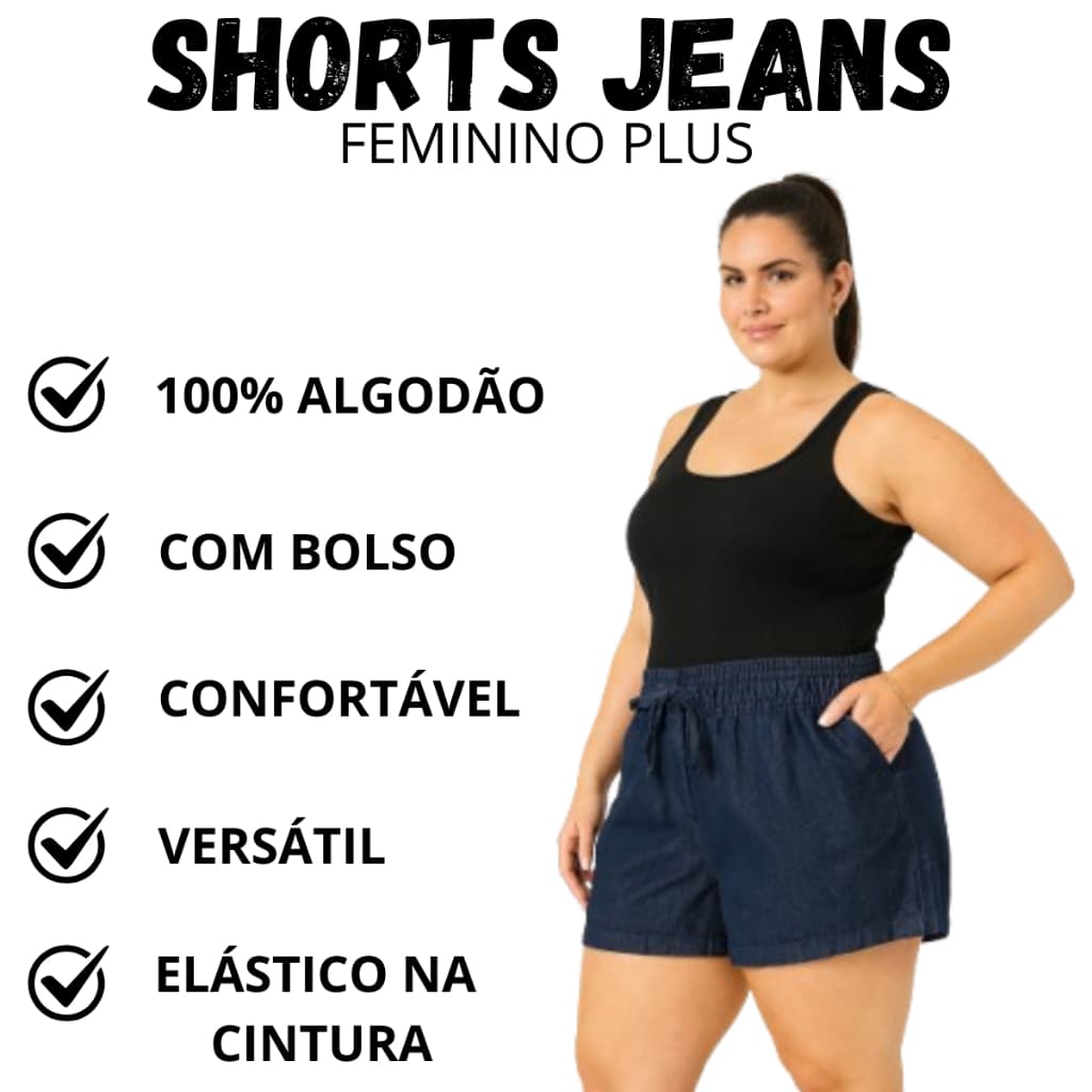 Short jeans boxer curto elastico plus size cintura liso bolso feminino verão GG ao G5
