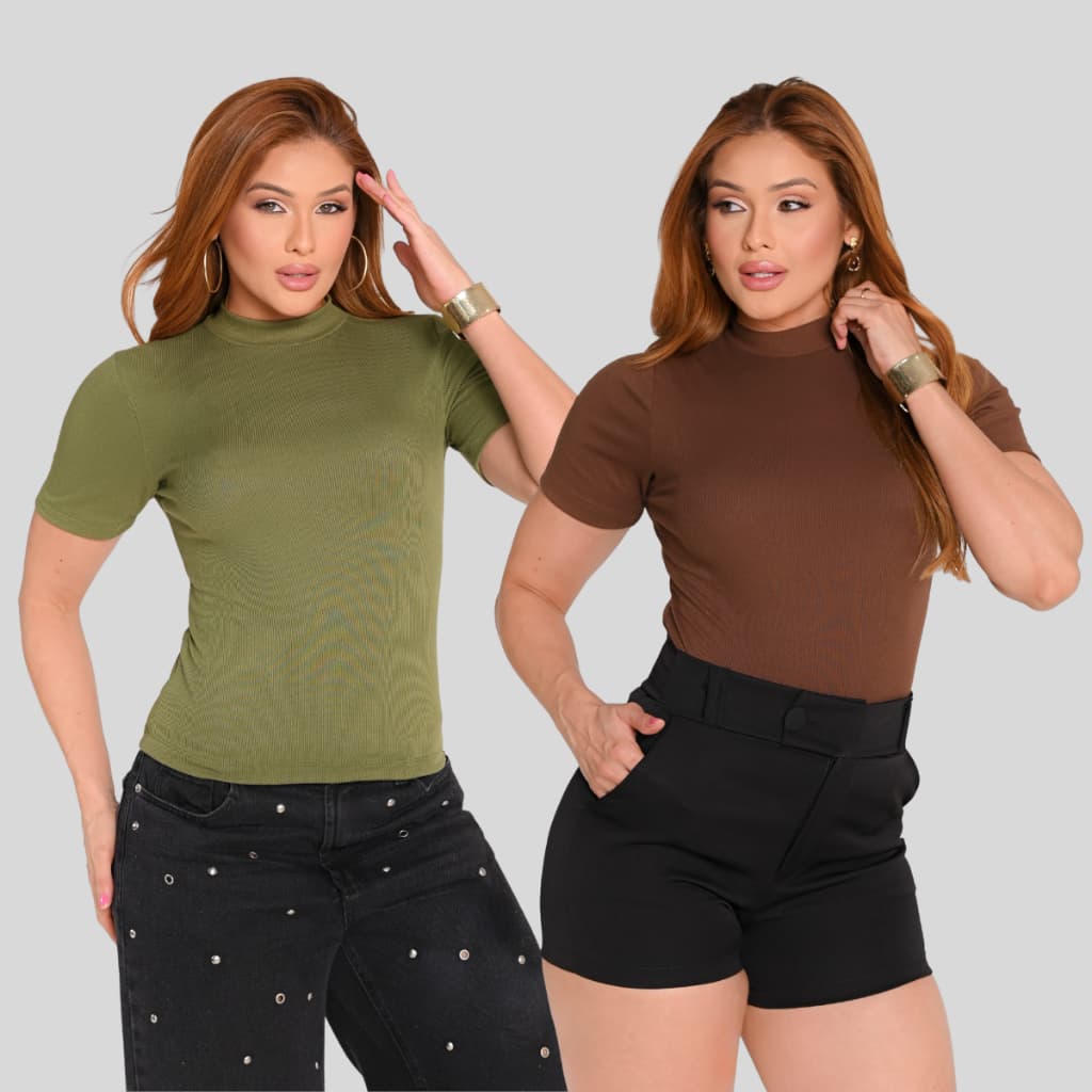 Blusa Feminina Gola Alta Canelada Modeladora Blusinha Básica Gola Alta