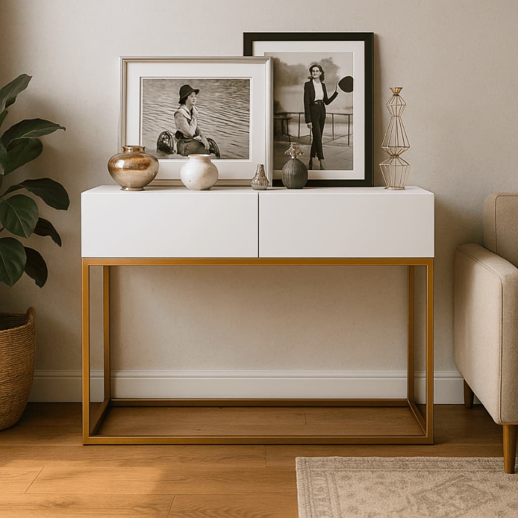 Aparador Eros 90 cm Moderno Estilo Industrial Com 2 Gavetas Elegante Base Metálica Dourada