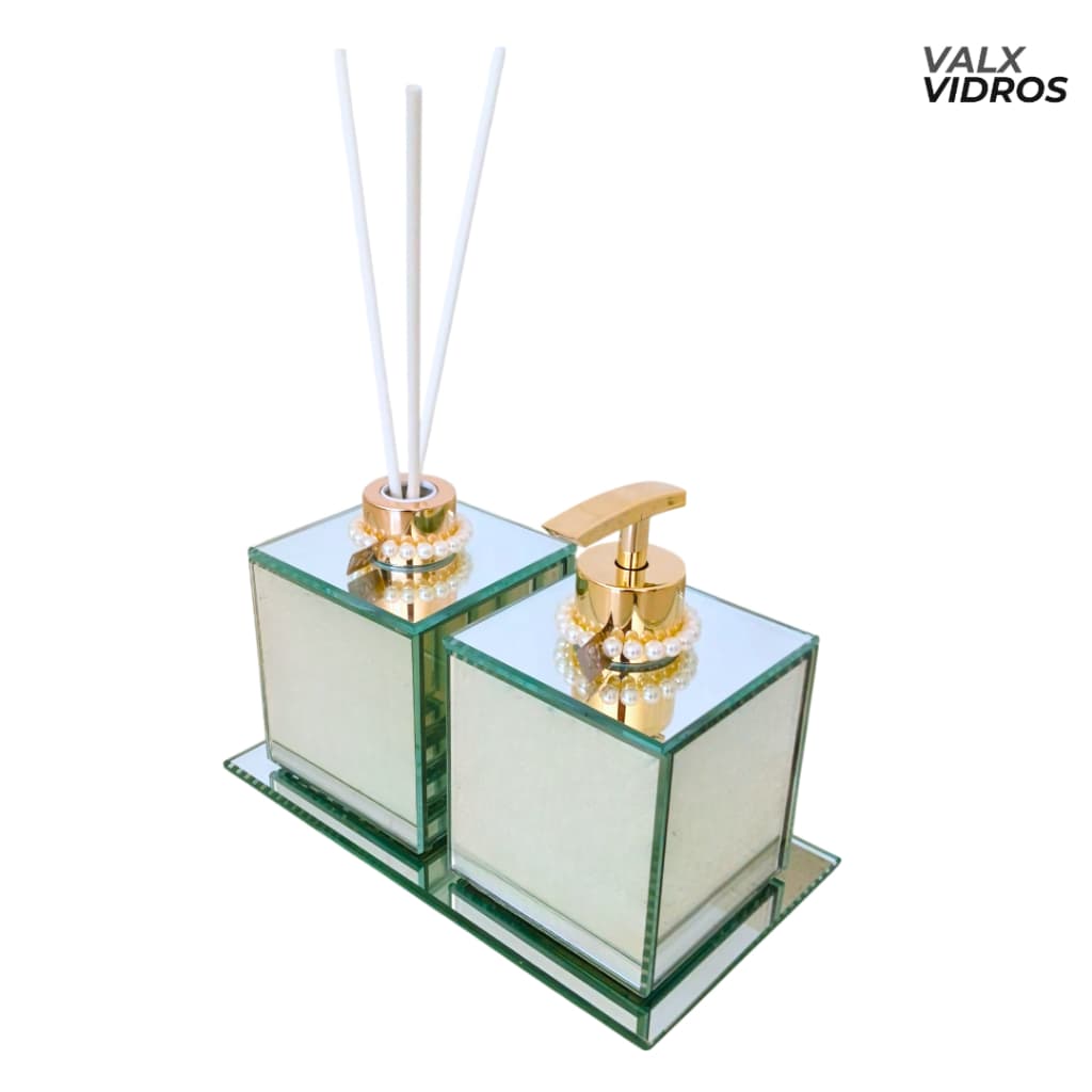 Kit Vidros Lavabo Banheiro  Luxo C/ Enfeite Difusor Sabonete Saboneteira e Bandeja