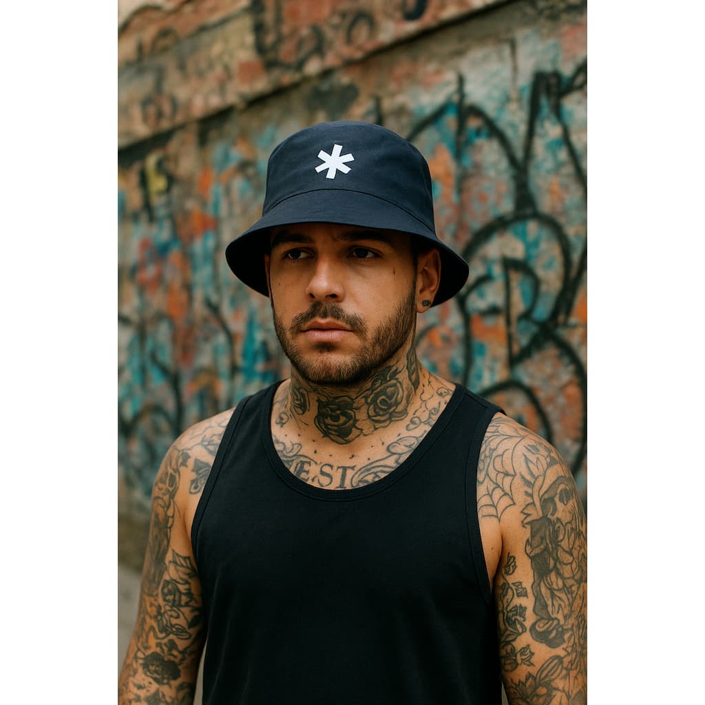 Bucket Hat Maktub Preto em Brim com Estampa em Relevo Tamanho Único