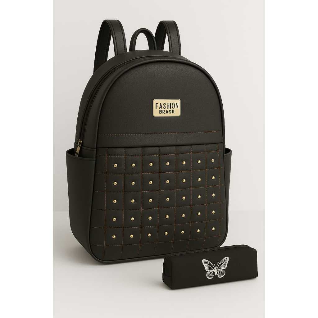 Kit Mochila Feminina Couro PU + Estojo Nylon Borboleta Escolar Escola Faculdade Trabalho Passeio bag