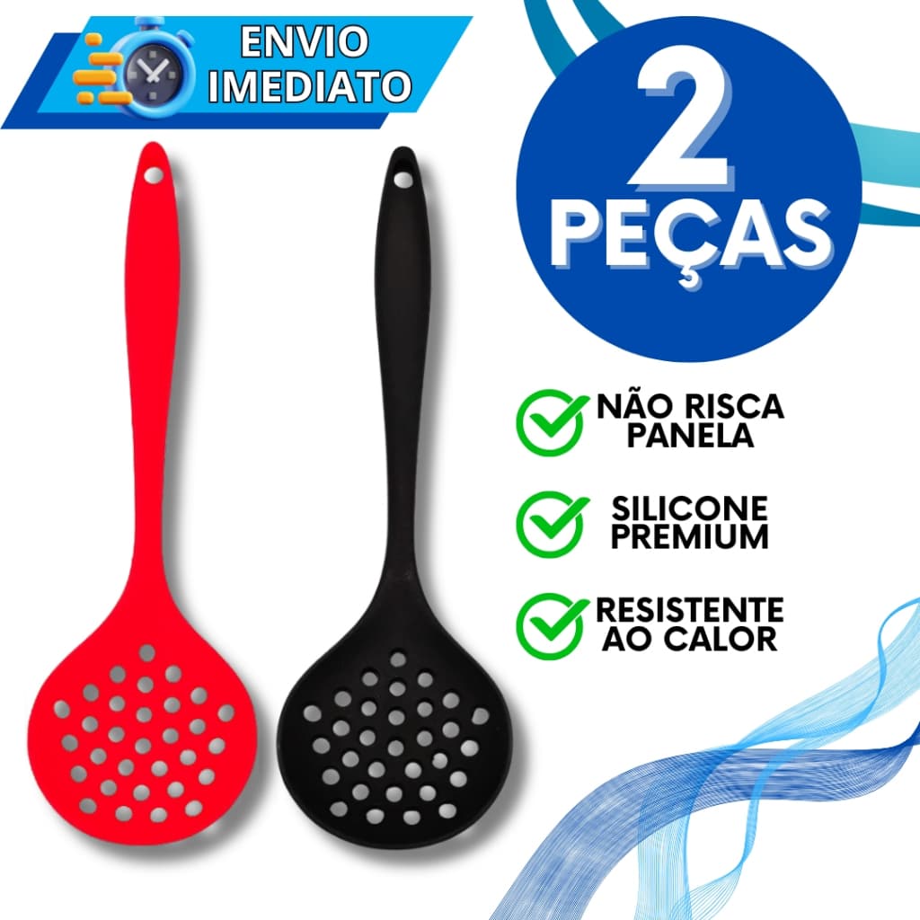 KIT Jogo 2 Escumadeira de Silicone Colher Gourmet Super Resistente Para Casa Cozinha Restaurante Utensilio de Silicone
