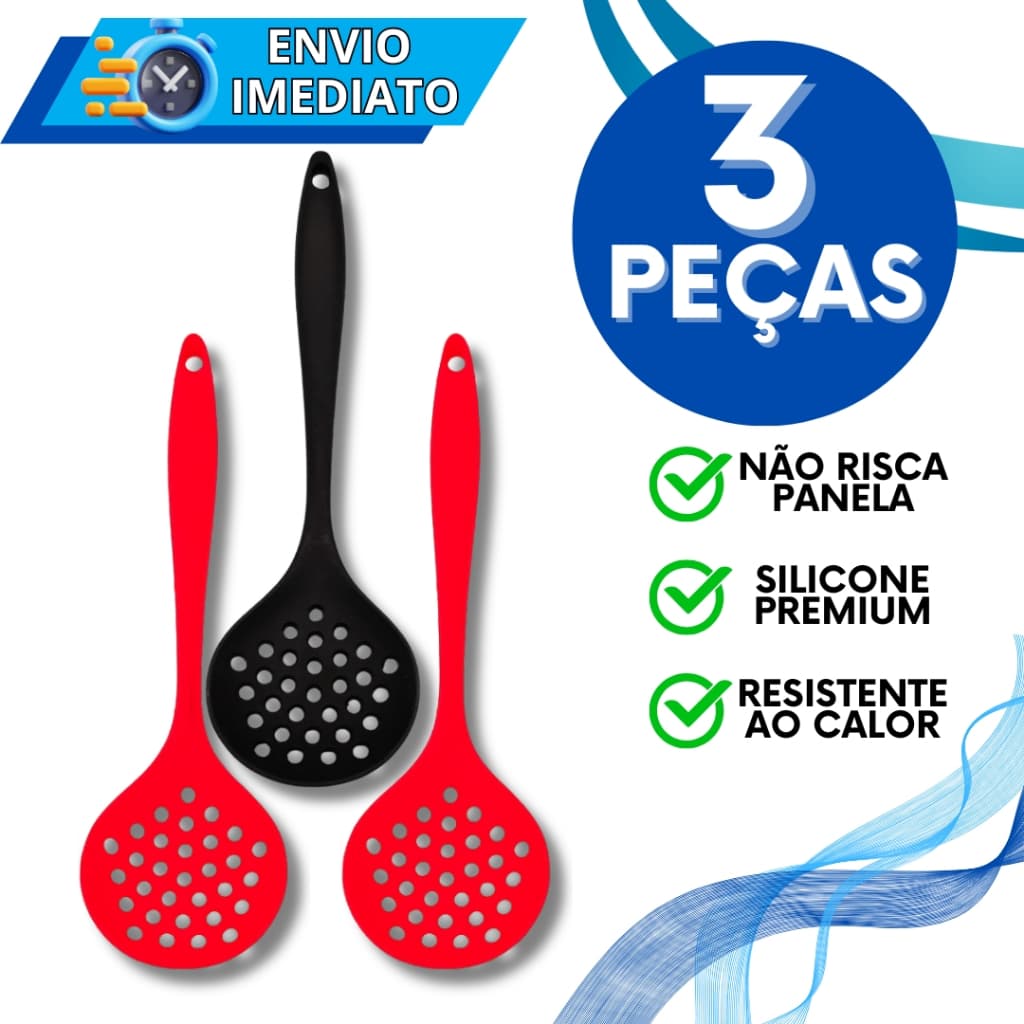 KIT Jogo 3 Escumadeira de Silicone Colher Gourmet Super Resistente Para Casa Cozinha Restaurante Utensilio de Silicone