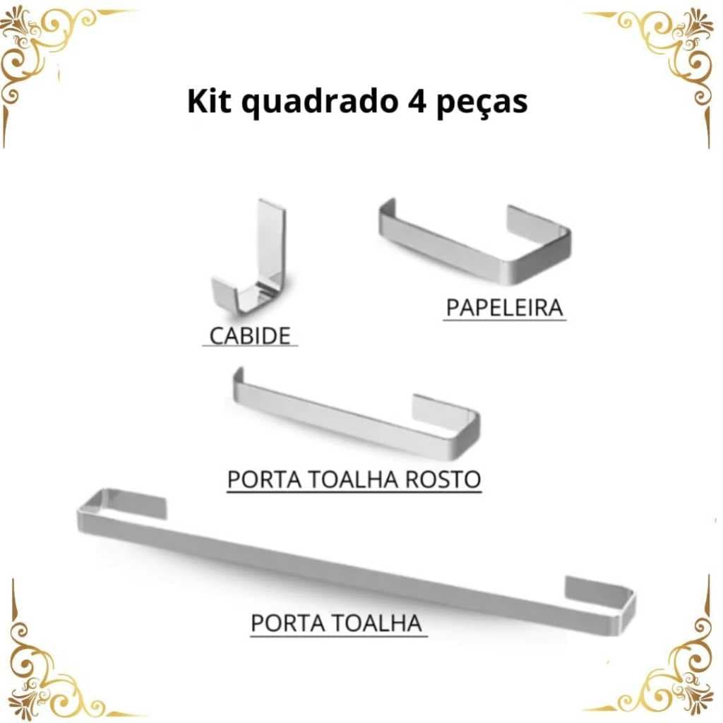 Kit Banheiro 4 Peças Aço Inox Quadrado | Porta Toalha, Papeleira, Cabide e Toalheiro de Rosto