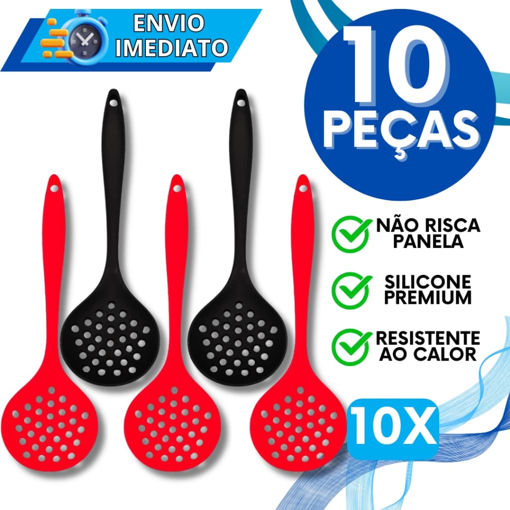 KIT Jogo 10 Escumadeira de Silicone Colher Gourmet Super Resistente Para Casa Cozinha Restaurante Utensilio de Silicone