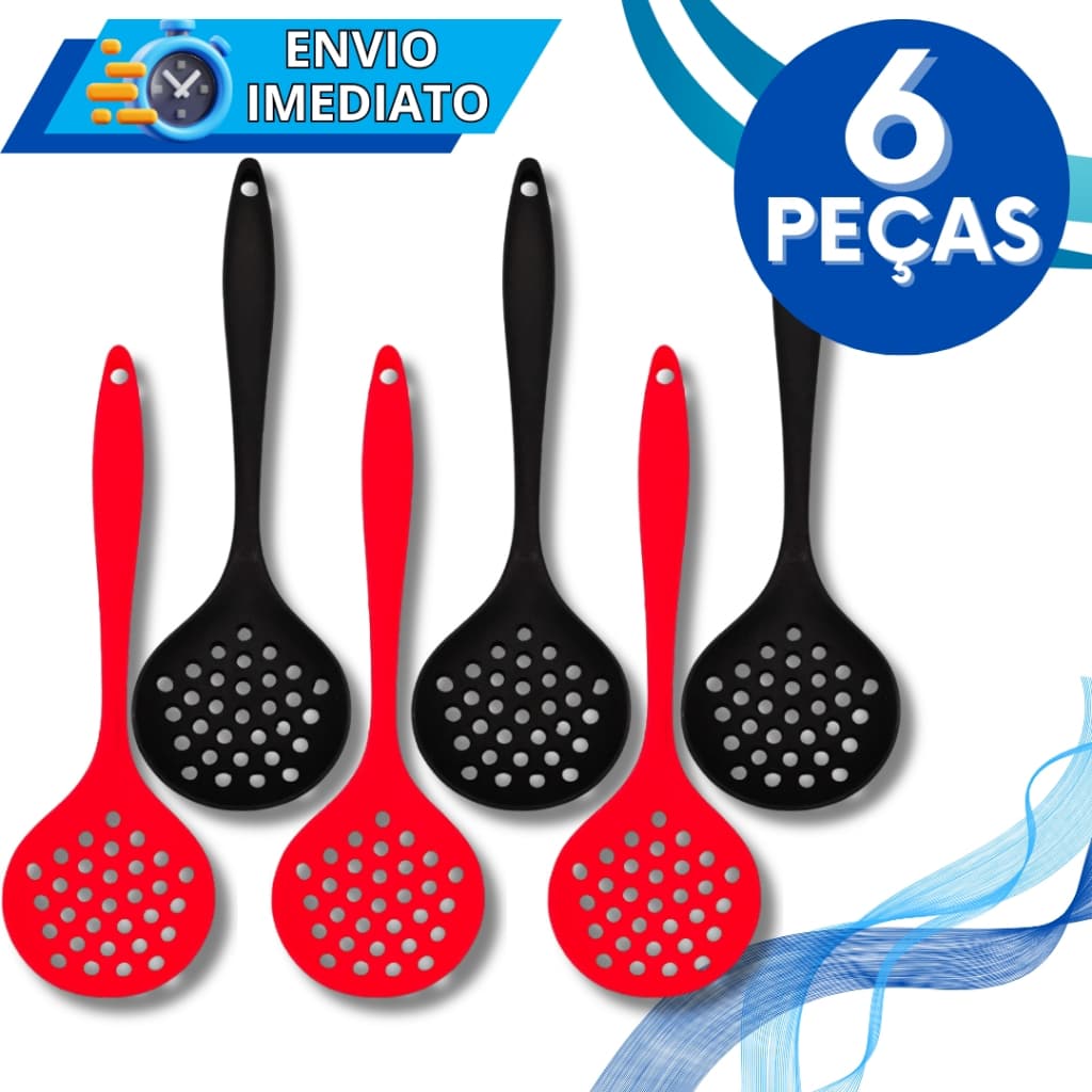 KIT Jogo 6 Escumadeira de Silicone Colher Gourmet Super Resistente Para Casa Cozinha Restaurante Utensilio de Silicone