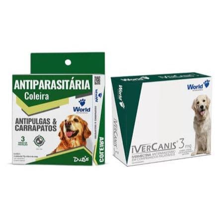 Kit Anti Pulgas e Carrapato Para Cães Cachorro Coleira Dugs e Ivercanis 3mg