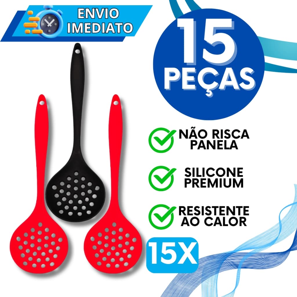KIT Jogo 15 Escumadeira de Silicone Colher Gourmet Super Resistente Para Casa Cozinha Restaurante Utensilio de Silicone