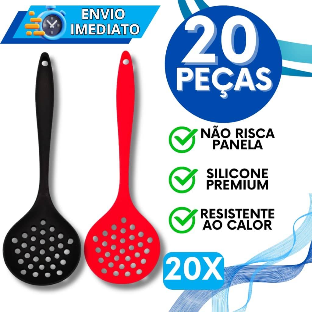 KIT Jogo 20 Escumadeira de Silicone Colher Gourmet Super Resistente Para Casa Cozinha Restaurante Utensilio de Silicone
